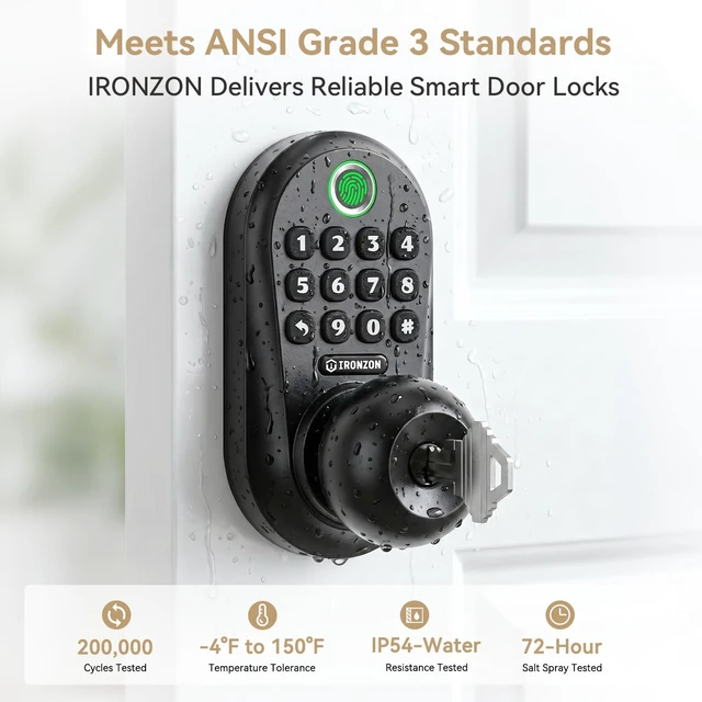 Alt view image 4 of 7 - 350K 5-in-1 Smart Fingerprint Door Knob with Keypad, Black | Keyless entry with app control, 100 passcodes, auto-lock, privacy and passage modes; easy install for front door or bedroom