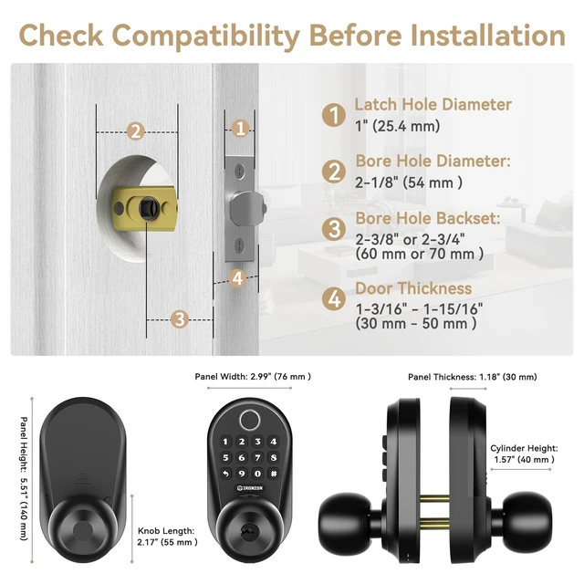 Alt view image 6 of 7 - 350K 5-in-1 Smart Fingerprint Door Knob with Keypad, Black | Keyless entry with app control, 100 passcodes, auto-lock, privacy and passage modes; easy install for front door or bedroom