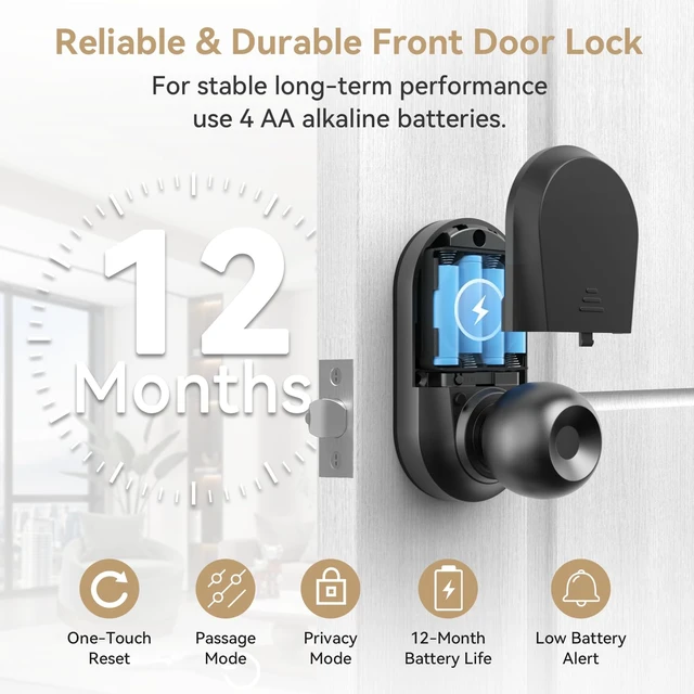 Alt view image 7 of 7 - 350K 5-in-1 Smart Fingerprint Door Knob with Keypad, Black | Keyless entry with app control, 100 passcodes, auto-lock, privacy and passage modes; easy install for front door or bedroom