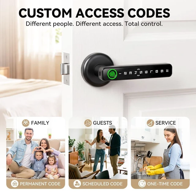 Alt view image 7 of 7 - 5-in-1 Smart Fingerprint Door Handle Lock with Code,NFC,App Control | Fingerprint Door knob with Keypad, Keyless Entry, Privacy, Auto-Lock, Easy to Install For bedroom, Interior, Front door