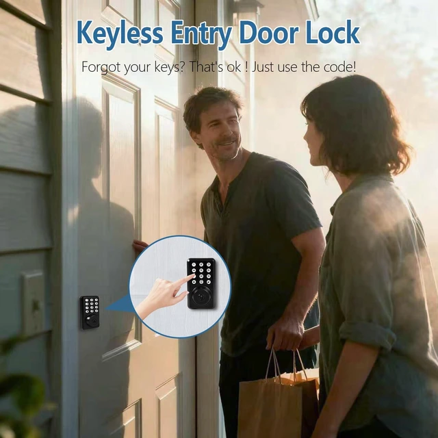 Alt view image 6 of 6 - Digital Door Lock with Handle, Keypad Door Lock with Handle Set - Voice-Prompt Guided Smart Lock, Built-in Doorbell for Front Door, Screen Door Handle with Lock Compatible, Matte Black