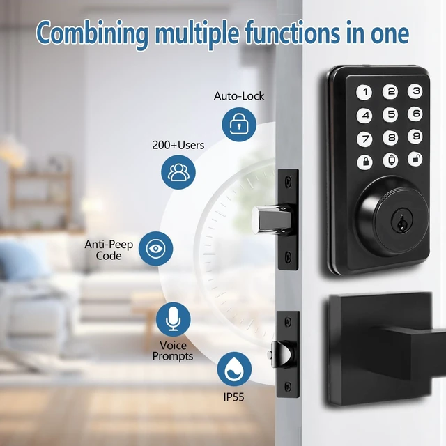 Alt view image 4 of 6 - Digital Door Lock with Handle, Keypad Door Lock with Handle Set - Voice-Prompt Guided Smart Lock, Built-in Doorbell for Front Door, Screen Door Handle with Lock Compatible, Matte Black