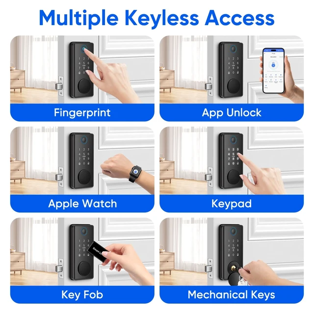 Alt view image 2 of 7 - Smart Keypad Door Lock, Keyless Entry Digital Lock with APP/Watch Control | Fingerprint Touchscreen Keypad Auto Lock Deadbolt, Voice Unlock, Auto Left/Right Detection Easy Installation for Home, Doors