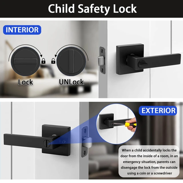 Alt view image 5 of 7 - Matte Black Door Handles Privacy Door Levers, Keyless Interior Door Knobs Square Door Levers Heavy Duty Door Locks for Bedroom Bathroom, Reversible Flat Levers (6, Black)