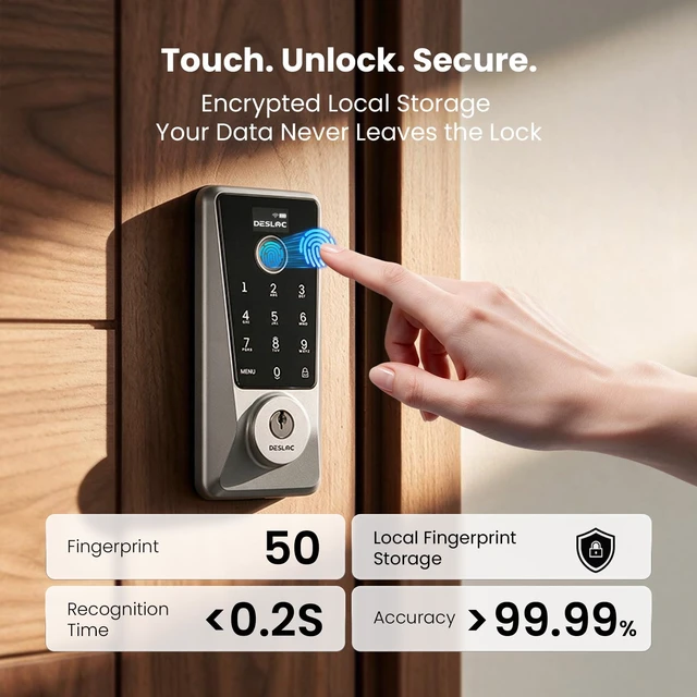 Alt view image 2 of 7 - WiFi Fingerprint Smart Keypad Door Lock D110 Plus with App Control | Front Door Smart Lock with Remote Access, Voice Control, Visual Display, Backlit, BHMA Grade 3, IP54, Auto-Lock, Silver