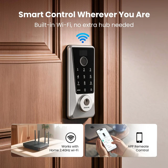 Alt view image 4 of 7 - WiFi Fingerprint Smart Keypad Door Lock D110 Plus with App Control | Front Door Smart Lock with Remote Access, Voice Control, Visual Display, Backlit, BHMA Grade 3, IP54, Auto-Lock, Silver