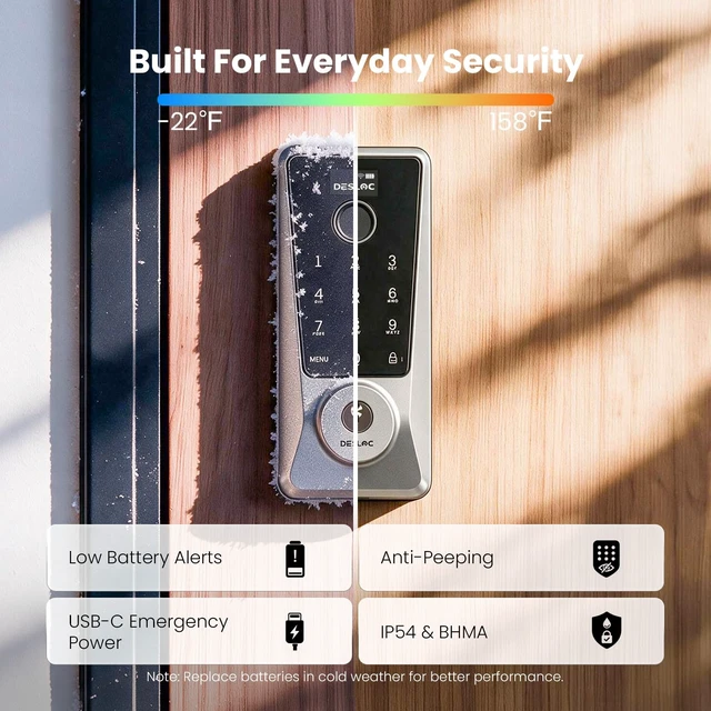 Alt view image 7 of 7 - WiFi Fingerprint Smart Keypad Door Lock D110 Plus with App Control | Front Door Smart Lock with Remote Access, Voice Control, Visual Display, Backlit, BHMA Grade 3, IP54, Auto-Lock, Silver