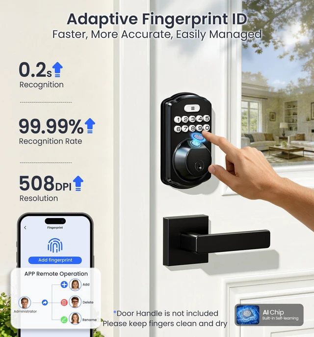 Alt view image 4 of 7 - VE012W WiFi Fingerprint Smart Lock for Front Door, Matte Black | App Remote, Built-in WiFi, Alexa & Google Compatible, Real-Time Alerts, Low Battery Alarm, Keyless Entry Keypad Deadbolt