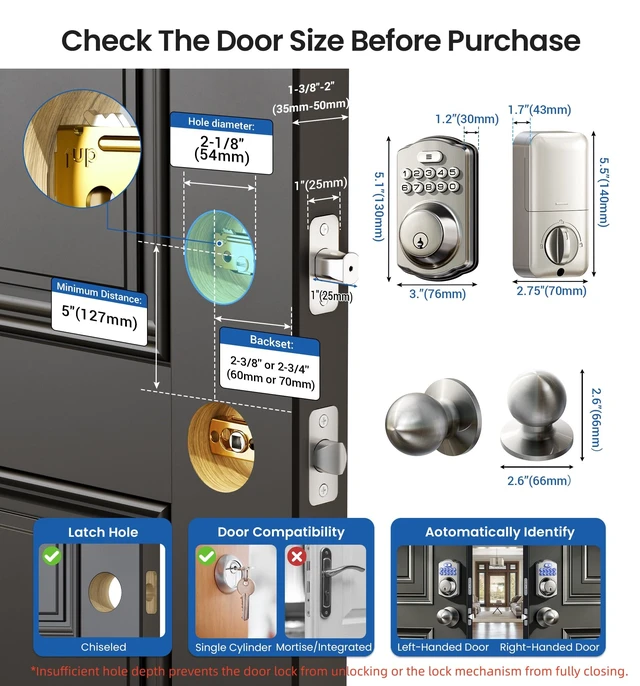 Alt view image 6 of 7 - KS01C Keyless Entry Deadbolt Door Lock with Knobs, Satin Nickel | Electronic Backlit Keypad Handle Set, Auto Lock, Anti-Peep Code, One-time Code, for Front Door, IP54 Waterproof, Easy Install