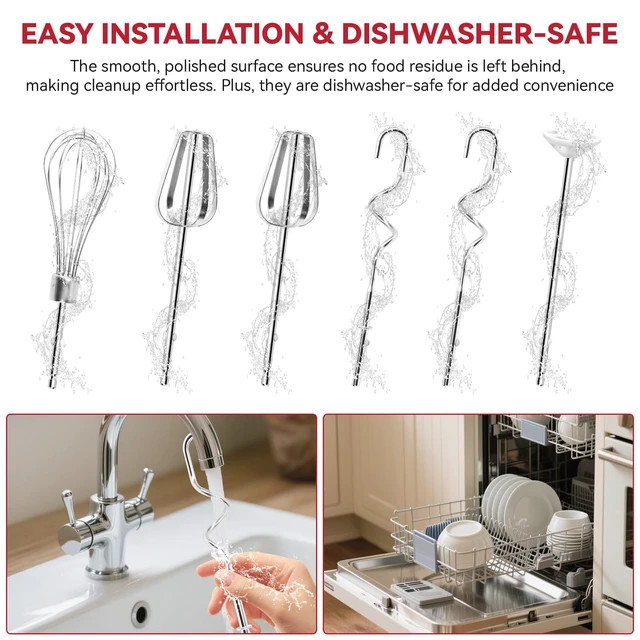 Alt view image 7 of 7 - Hand Mixer Beater Attachments for OVENTE 5-Speed HM151 Series Hand Mixer | Including Replacement Beaters, Whisk, Mixing Rod and Dough Hook, Stainless Steel Hand Mixer Accessories, Set of 6