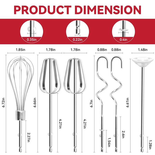 Alt view image 4 of 7 - Hand Mixer Beater Attachments for OVENTE 5-Speed HM151 Series Hand Mixer | Including Replacement Beaters, Whisk, Mixing Rod and Dough Hook, Stainless Steel Hand Mixer Accessories, Set of 6