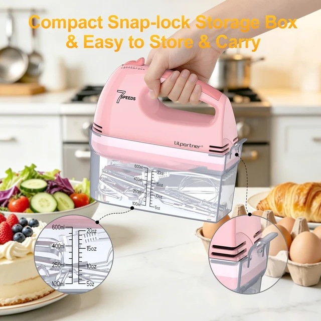 Alt view image 2 of 7 - Electric Hand Mixer with Storage Box, Ultra Power Kitchen Hand Mixer With 7-Speed & 5 Stainless Steel Accessories for Whipping Dough, Cream, Cake, Dishwasher Safe, LIGHT PINK BOX
