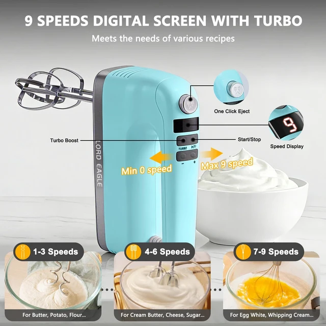 Alt view image 2 of 7 - 9-Speed Digital Hand Mixer Electric Handheld, 500W DC Motor | Kitchen Mixer for Cake Baking, Lightweight Egg Beaters with Stain-resistant & Waterproof Storage Bag & 6 Accessories, Blue