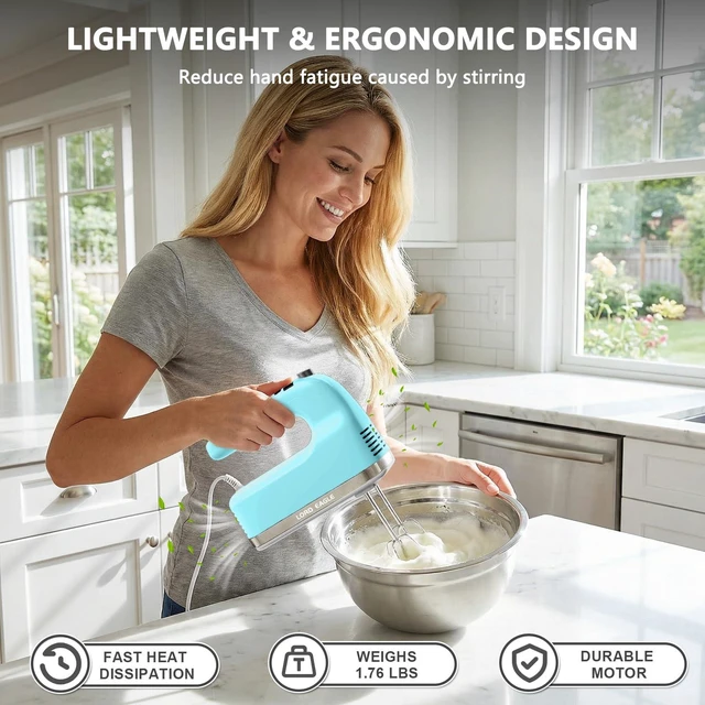 Alt view image 6 of 7 - 9-Speed Digital Hand Mixer Electric Handheld, 500W DC Motor | Kitchen Mixer for Cake Baking, Lightweight Egg Beaters with Stain-resistant & Waterproof Storage Bag & 6 Accessories, Blue