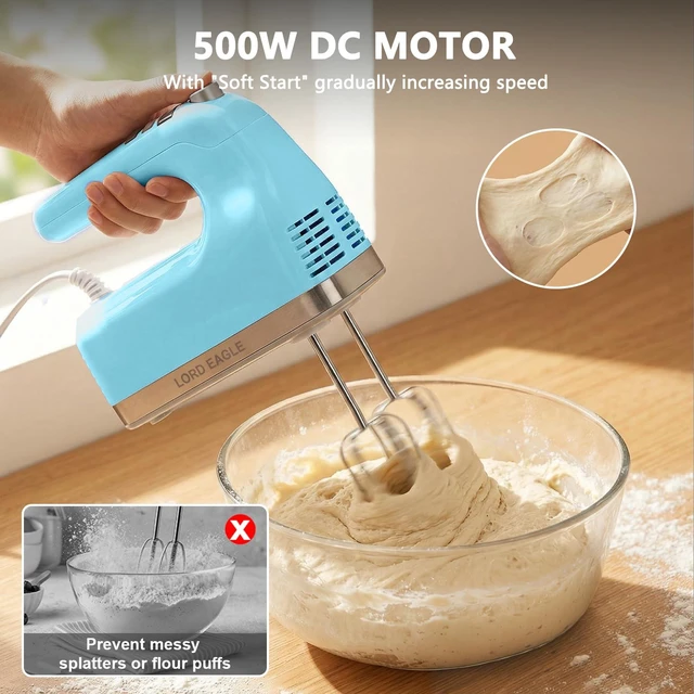 Alt view image 7 of 7 - 9-Speed Digital Hand Mixer Electric Handheld, 500W DC Motor | Kitchen Mixer for Cake Baking, Lightweight Egg Beaters with Stain-resistant & Waterproof Storage Bag & 6 Accessories, Blue