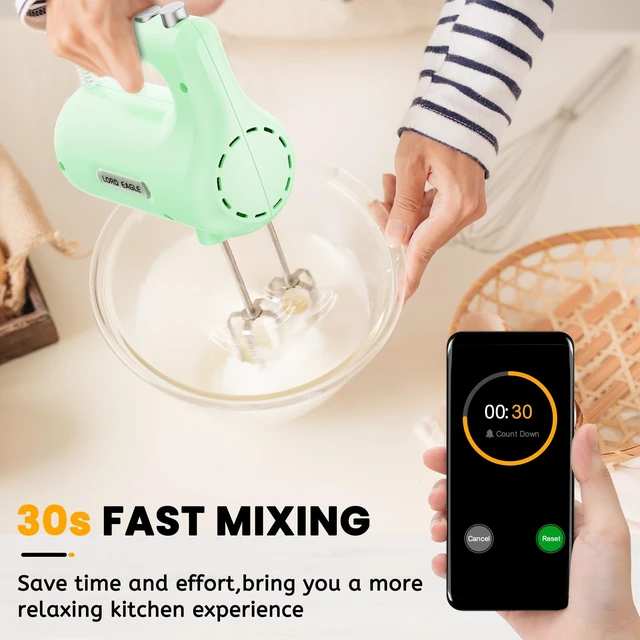 Alt view image 3 of 7 - 5-Speed Small Hand Mixer Electric, 300W Compact Portable, Green | Handheld Kitchen Mixer Egg Beater with 5 Attachments & Storage Bag, Cake Supplies for Bread Dough Baking, Lightweight