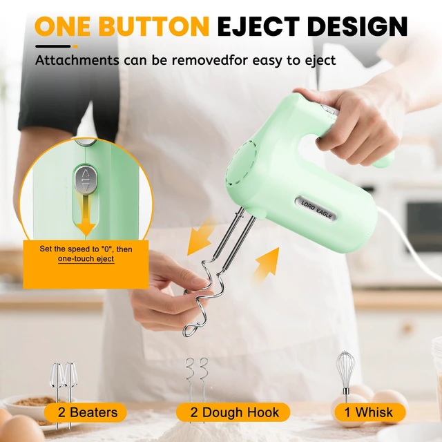 Alt view image 4 of 7 - 5-Speed Small Hand Mixer Electric, 300W Compact Portable, Green | Handheld Kitchen Mixer Egg Beater with 5 Attachments & Storage Bag, Cake Supplies for Bread Dough Baking, Lightweight