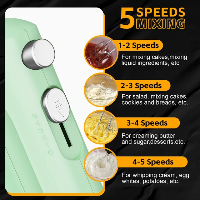 Alt view image 2 of 7 - 5-Speed Small Hand Mixer Electric, 300W Compact Portable, Green | Handheld Kitchen Mixer Egg Beater with 5 Attachments & Storage Bag, Cake Supplies for Bread Dough Baking, Lightweight