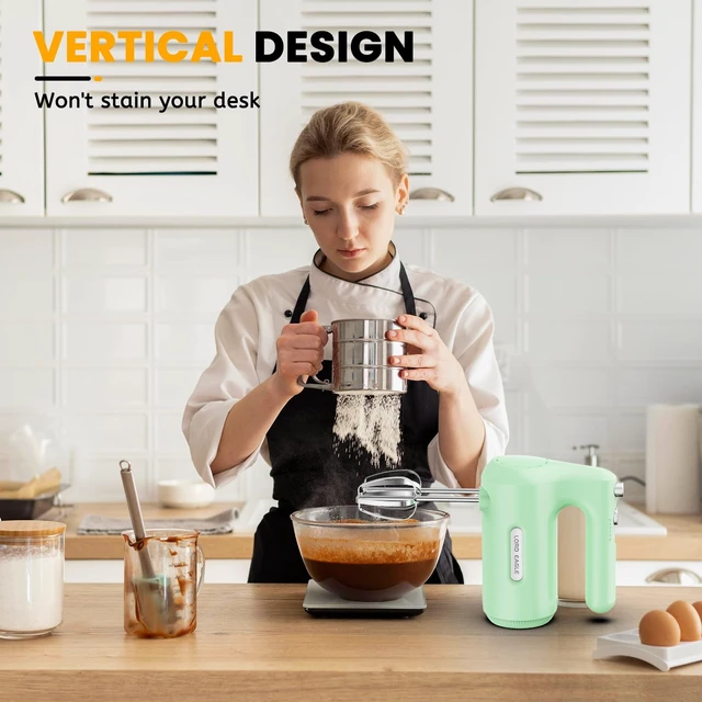 Alt view image 5 of 7 - 5-Speed Small Hand Mixer Electric, 300W Compact Portable, Green | Handheld Kitchen Mixer Egg Beater with 5 Attachments & Storage Bag, Cake Supplies for Bread Dough Baking, Lightweight