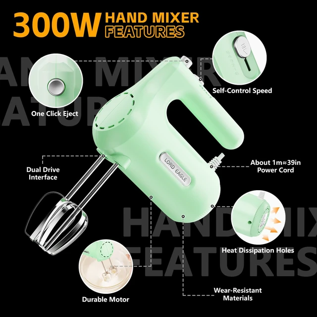 Alt view image 7 of 7 - 5-Speed Small Hand Mixer Electric, 300W Compact Portable, Green | Handheld Kitchen Mixer Egg Beater with 5 Attachments & Storage Bag, Cake Supplies for Bread Dough Baking, Lightweight