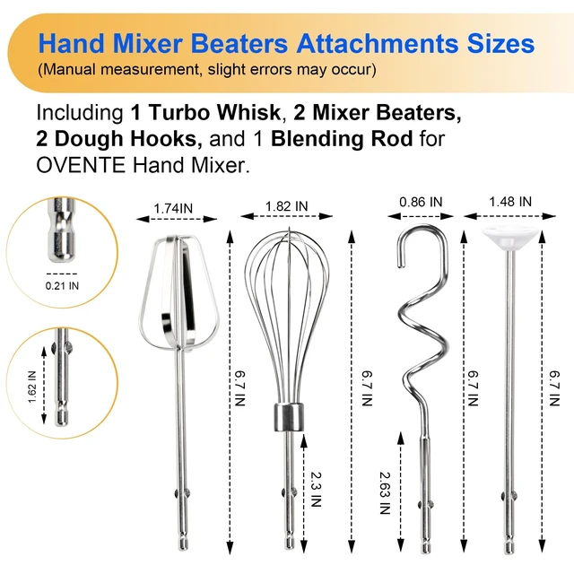 Alt view image 3 of 7 - Hand Mixer Beaters Attachments for OVENTE 5-Speed Electric Hand Mixer HM151 Including Turbo Beater, Stainless Steel Whisk, Dough Hooks, Blending Rod Compatible with HM151R HM151W HM151B HM151T, 6 Pack