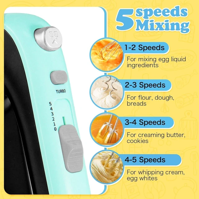 Alt view image 4 of 7 - Electric Hand mixer - Adjustable Speed 300W Handheld Mixer Electric Whisk with 5 Stainless Steel Accessories, Turbo Boost/Self-Control Speed + Eject Button Food Beater for Cakes Eggs