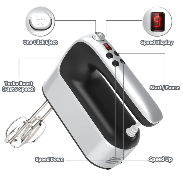 Alt view image 2 of 7 - 9-Speed Digital Hand Mixer Electric, 400W Powerful DC Motor, Hand Mixer Electric Handheld with Snap-On Storage Case, 5 Stainless Steel Accessories, Beaters, Dough Hooks, Whisk(Silvery Black)