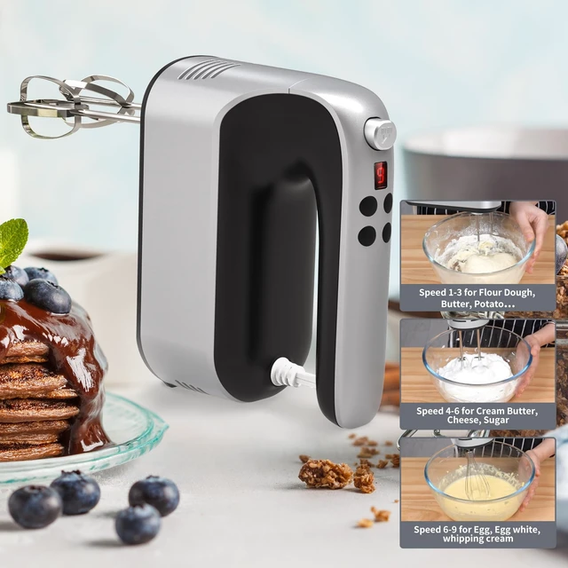 Alt view image 7 of 7 - 9-Speed Digital Hand Mixer Electric, 400W Powerful DC Motor, Hand Mixer Electric Handheld with Snap-On Storage Case, 5 Stainless Steel Accessories, Beaters, Dough Hooks, Whisk(Silvery Black)