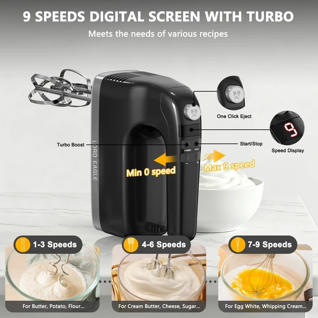 Alt view image 2 of 7 - 9-Speed Digital Hand Mixer Electric Handheld, 500W DC Motor | Kitchen Mixer for Cake Baking, Lightweight Egg Beaters with Stain-resistant & Waterproof Storage Bag & 6 Accessories, Black