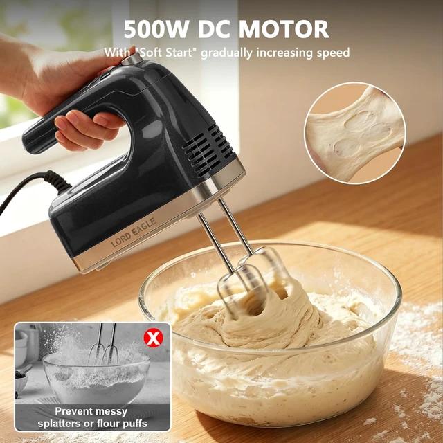 Alt view image 7 of 7 - 9-Speed Digital Hand Mixer Electric Handheld, 500W DC Motor | Kitchen Mixer for Cake Baking, Lightweight Egg Beaters with Stain-resistant & Waterproof Storage Bag & 6 Accessories, Black