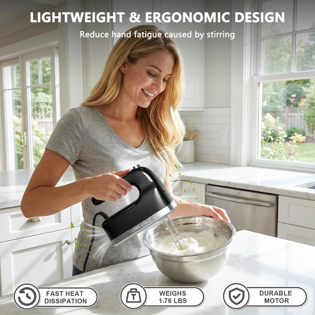 Alt view image 6 of 7 - 9-Speed Digital Hand Mixer Electric Handheld, 500W DC Motor | Kitchen Mixer for Cake Baking, Lightweight Egg Beaters with Stain-resistant & Waterproof Storage Bag & 6 Accessories, Black