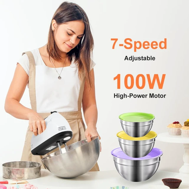Alt view image 2 of 6 - 7-Speed Electric Hand Mixer,5 Large Mixing Bowls Set,Handheld Mixers with Whisks Beater,Stainless Steel Metal Nesting Bowl Measuring Cups Spoons Kitchen Cake Blender for Prep Baking Supplies