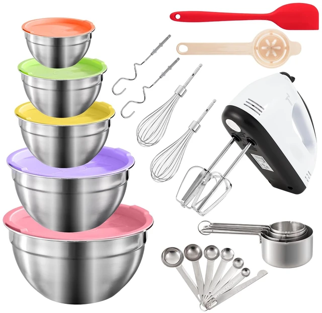 Main image of 7-Speed Electric Hand Mixer,5 Large Mixing Bowls Set,Handheld Mixers with Whisks Beater,Stainless Steel Metal Nesting Bowl Measuring Cups Spoons Kitchen Cake Blender for Prep Baking Supplies