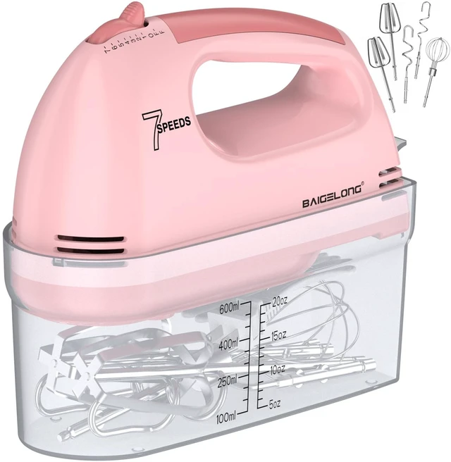 Main image of Hand Mixer. 7-Speed Adjustable Kitchen Electric Mixer. With 5 Stainless Steel Attachments: 2 Hooks, 2 Beaters, 1 Whisk. Comes 1 Storage Box. Perfect for Bakers and New Starters. Pink