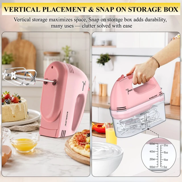 Alt view image 2 of 6 - Hand Mixer. 7-Speed Adjustable Kitchen Electric Mixer. With 5 Stainless Steel Attachments: 2 Hooks, 2 Beaters, 1 Whisk. Comes 1 Storage Box. Perfect for Bakers and New Starters. Pink
