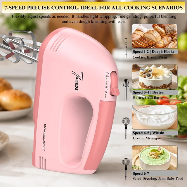 Alt view image 3 of 6 - Hand Mixer. 7-Speed Adjustable Kitchen Electric Mixer. With 5 Stainless Steel Attachments: 2 Hooks, 2 Beaters, 1 Whisk. Comes 1 Storage Box. Perfect for Bakers and New Starters. Pink