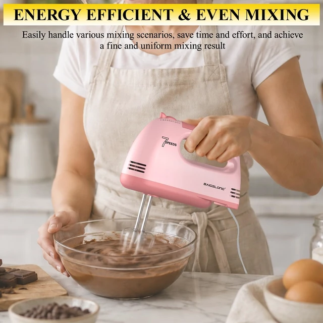 Alt view image 4 of 6 - Hand Mixer. 7-Speed Adjustable Kitchen Electric Mixer. With 5 Stainless Steel Attachments: 2 Hooks, 2 Beaters, 1 Whisk. Comes 1 Storage Box. Perfect for Bakers and New Starters. Pink