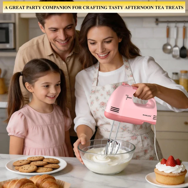 Alt view image 6 of 6 - Hand Mixer. 7-Speed Adjustable Kitchen Electric Mixer. With 5 Stainless Steel Attachments: 2 Hooks, 2 Beaters, 1 Whisk. Comes 1 Storage Box. Perfect for Bakers and New Starters. Pink