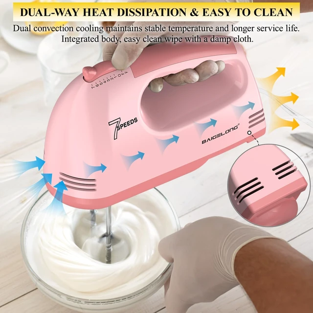 Alt view image 5 of 6 - Hand Mixer. 7-Speed Adjustable Kitchen Electric Mixer. With 5 Stainless Steel Attachments: 2 Hooks, 2 Beaters, 1 Whisk. Comes 1 Storage Box. Perfect for Bakers and New Starters. Pink