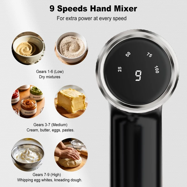 Alt view image 2 of 7 - Electric Hand Mixer with 9 Speeds, Powerful Motor, Cordless Hand Mixer with Whisk, Dough Hook and Mixing Rod for Whipping Eggs, Cream, Butter, Jam, Kneading Dough and Blending (White+Black)