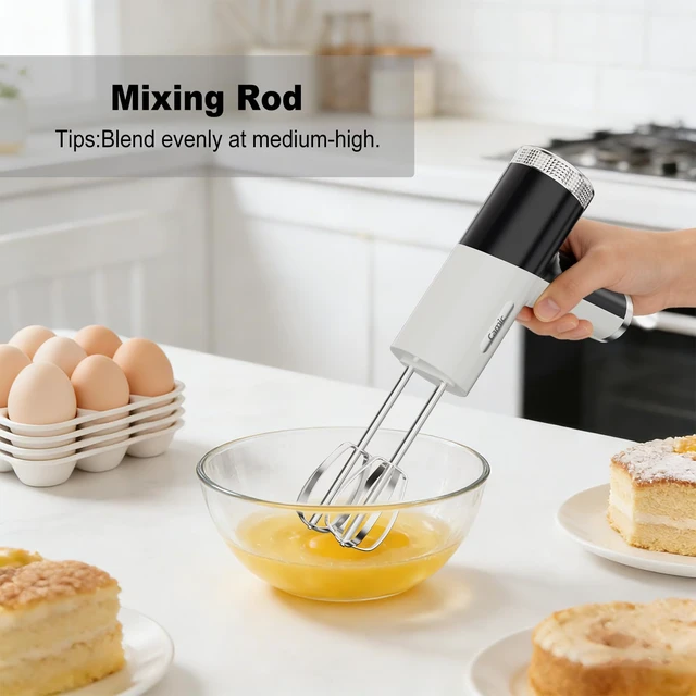 Alt view image 4 of 7 - Electric Hand Mixer with 9 Speeds, Powerful Motor, Cordless Hand Mixer with Whisk, Dough Hook and Mixing Rod for Whipping Eggs, Cream, Butter, Jam, Kneading Dough and Blending (White+Black)