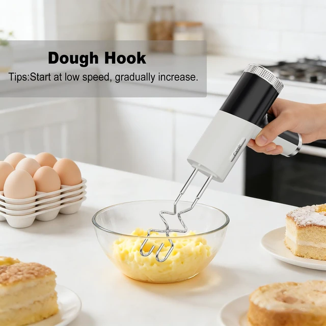 Alt view image 5 of 7 - Electric Hand Mixer with 9 Speeds, Powerful Motor, Cordless Hand Mixer with Whisk, Dough Hook and Mixing Rod for Whipping Eggs, Cream, Butter, Jam, Kneading Dough and Blending (White+Black)