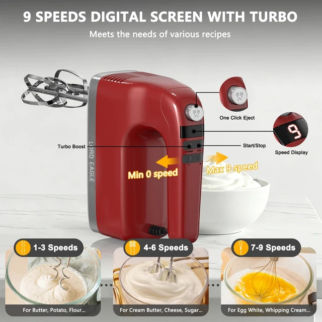 Alt view image 2 of 7 - 9-Speed Digital Hand Mixer Electric Handheld, 500W DC Motor | Kitchen Mixer for Cake Baking, Lightweight Egg Beaters with Stain-resistant & Waterproof Storage Bag & 6 Accessories, Red