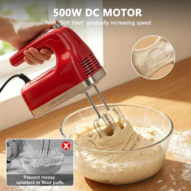 Alt view image 7 of 7 - 9-Speed Digital Hand Mixer Electric Handheld, 500W DC Motor | Kitchen Mixer for Cake Baking, Lightweight Egg Beaters with Stain-resistant & Waterproof Storage Bag & 6 Accessories, Red