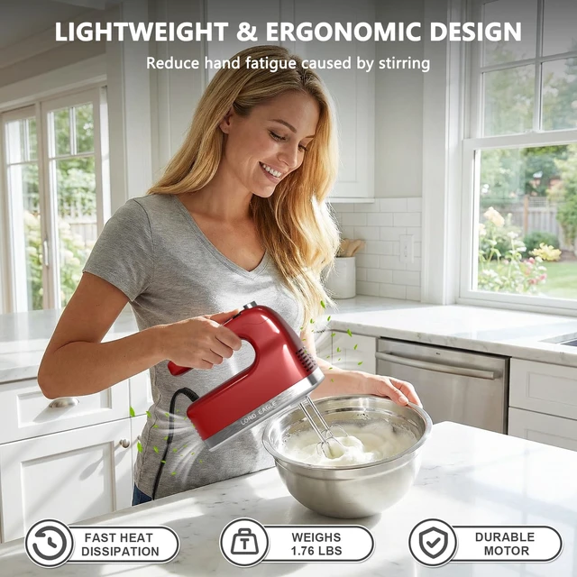 Alt view image 6 of 7 - 9-Speed Digital Hand Mixer Electric Handheld, 500W DC Motor | Kitchen Mixer for Cake Baking, Lightweight Egg Beaters with Stain-resistant & Waterproof Storage Bag & 6 Accessories, Red