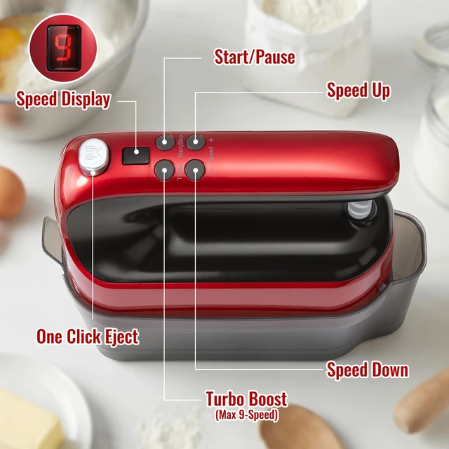 Alt view image 2 of 7 - Hand Mixer Electric, 9 Speed 400W Handheld Mixer with Digital, Touch Button, Turbo, Snop-On Storage Case, 5 Stainless Steel Accessories, Hand Mixer Electric Handheld for Cake, Cookie, Egg (Red)