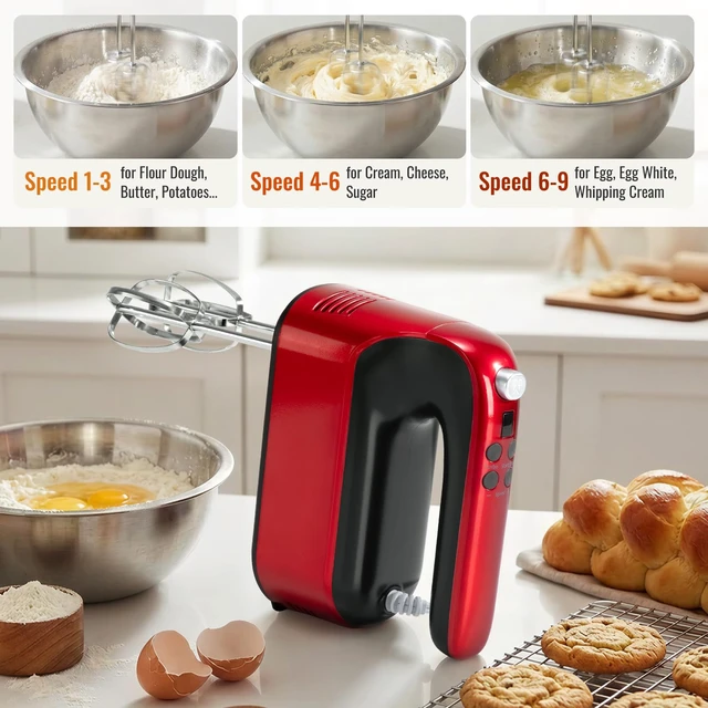 Alt view image 7 of 7 - Hand Mixer Electric, 9 Speed 400W Handheld Mixer with Digital, Touch Button, Turbo, Snop-On Storage Case, 5 Stainless Steel Accessories, Hand Mixer Electric Handheld for Cake, Cookie, Egg (Red)