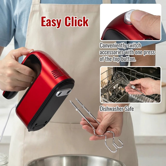 Alt view image 6 of 7 - Hand Mixer Electric, 9 Speed 400W Handheld Mixer with Digital, Touch Button, Turbo, Snop-On Storage Case, 5 Stainless Steel Accessories, Hand Mixer Electric Handheld for Cake, Cookie, Egg (Red)