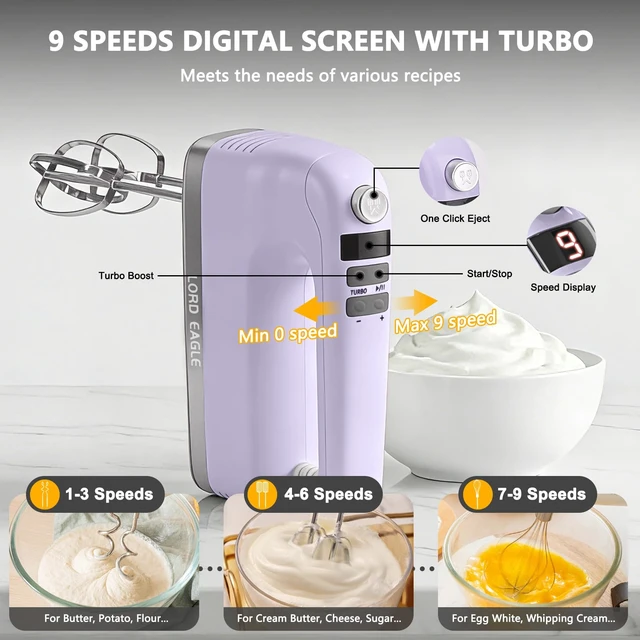Alt view image 2 of 7 - 9-Speed Digital Hand Mixer Electric Handheld, 500W DC Motor | Kitchen Mixer for Cake Baking, Lightweight Egg Beaters with Stain-resistant & Waterproof Storage Bag & 6 Accessories, Purple