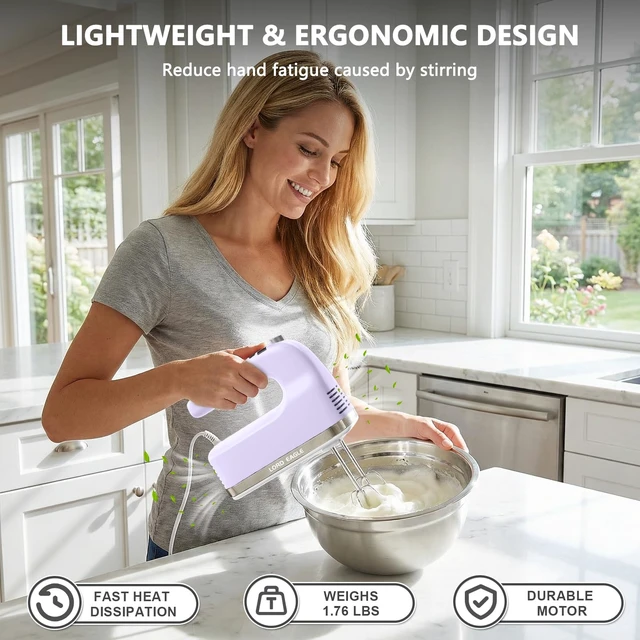 Alt view image 6 of 7 - 9-Speed Digital Hand Mixer Electric Handheld, 500W DC Motor | Kitchen Mixer for Cake Baking, Lightweight Egg Beaters with Stain-resistant & Waterproof Storage Bag & 6 Accessories, Purple